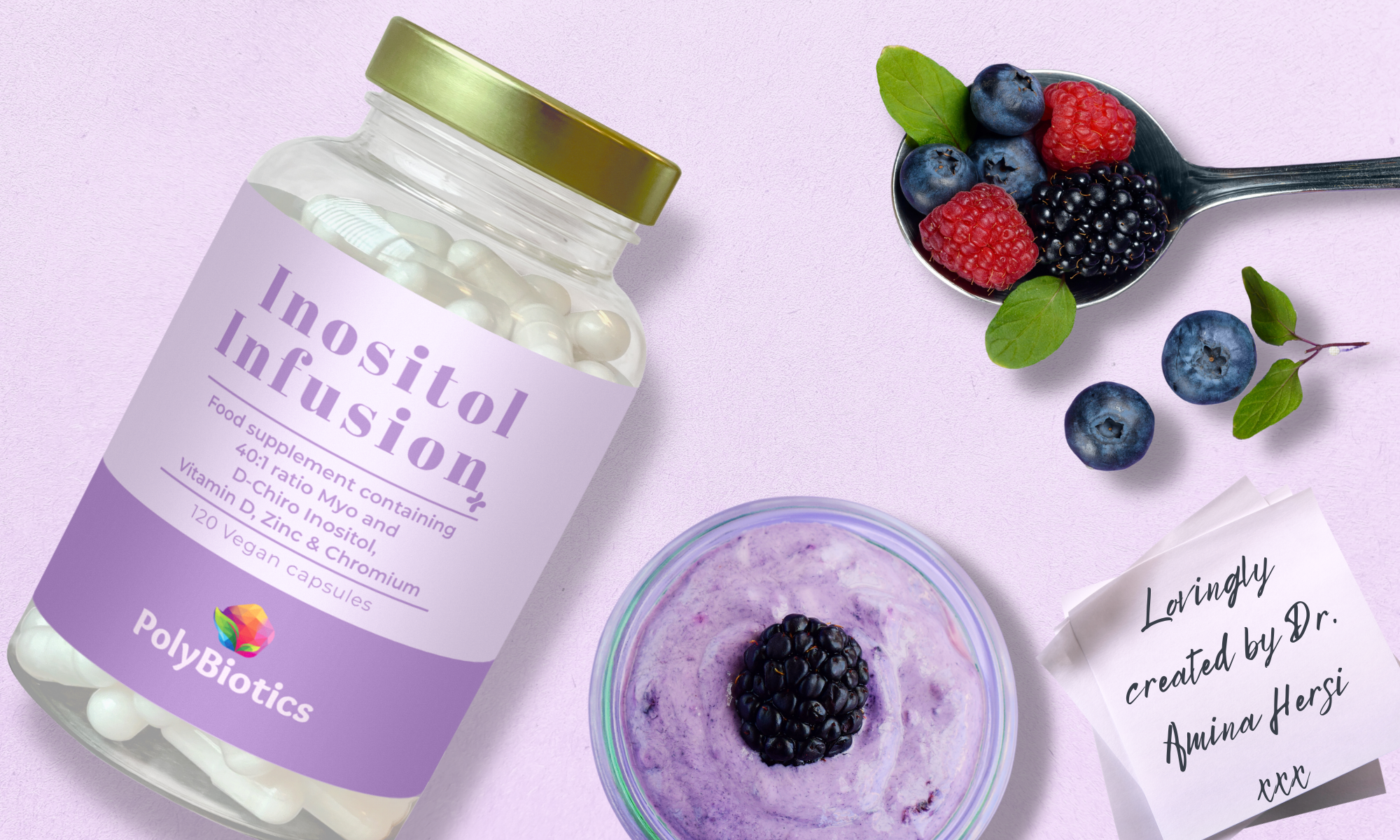 Lavender flat lay - Inositol infusion+ bottle with chia pudding, berries and a note that says "Lovingly created by Dr. Amina Hersi XXX"