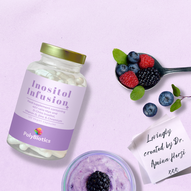 Lavender flat lay - Inositol infusion+ bottle with chia pudding, berries and a note that says "Lovingly created by Dr. Amina Hersi XXX"