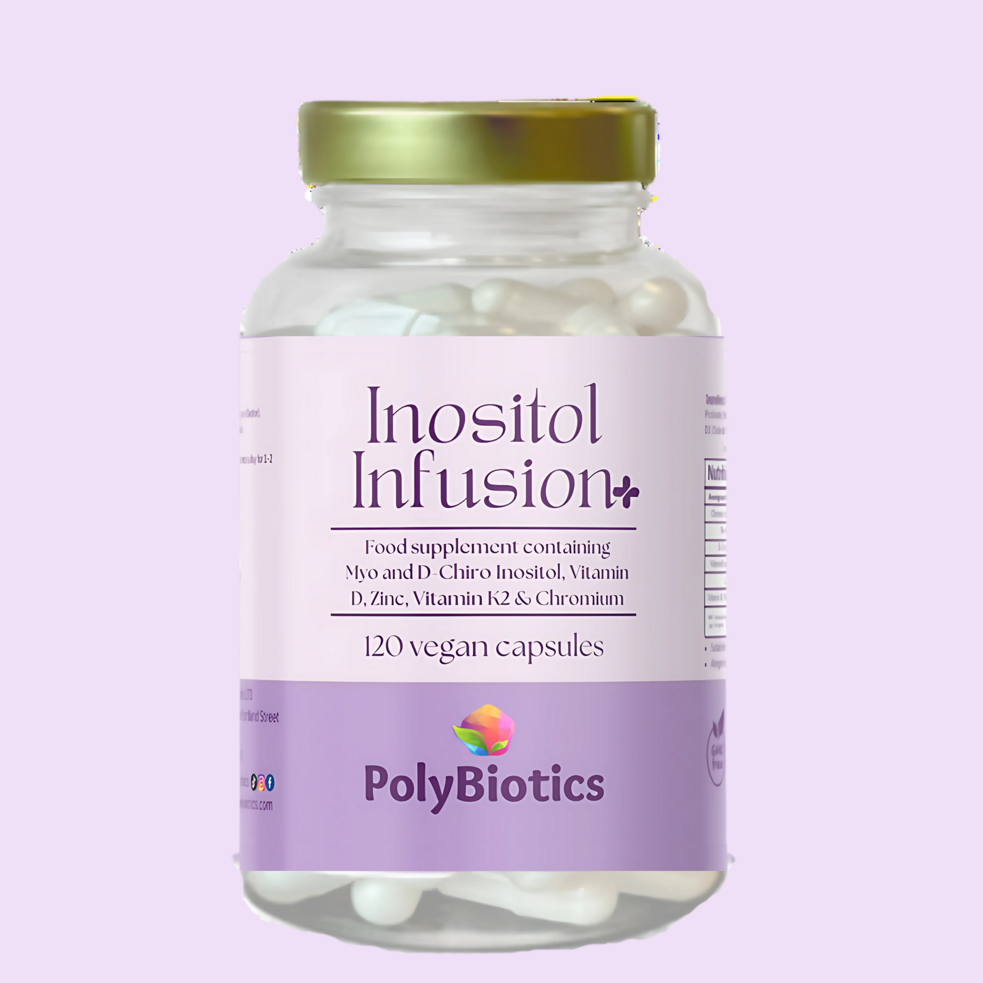 Bottle of inositol infusion PLUS with vitamin D, K2, Chromium, Zinc and Myo inositol and D-chiro inositol. FOR PCOS