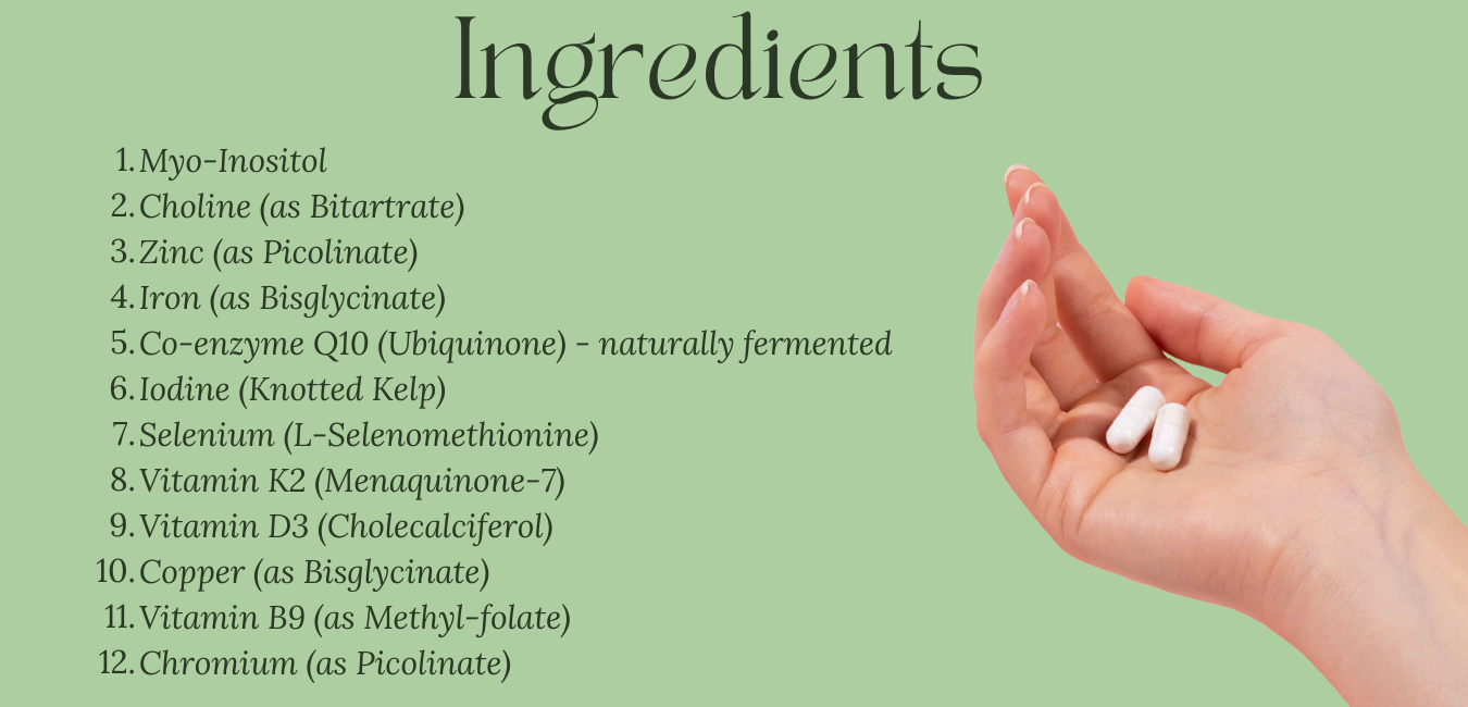 Ingredients of pregnancy formula. Myo-Inositol Choline (as Bitartrate) Zinc (as Picolinate) Iron (as Bisglycinate) Co-enzyme Q10 (Ubiquinone) - naturally fermented Iodine (Knotted Kelp) Selenium (L-Selenomethionine) Vitamin K2 (Menaquinone-7) Vitamin D3 (Cholecalciferol) Copper (as Bisglycinate) Vitamin B9 (as Methyl-folate) Chromium (as Picolinate)