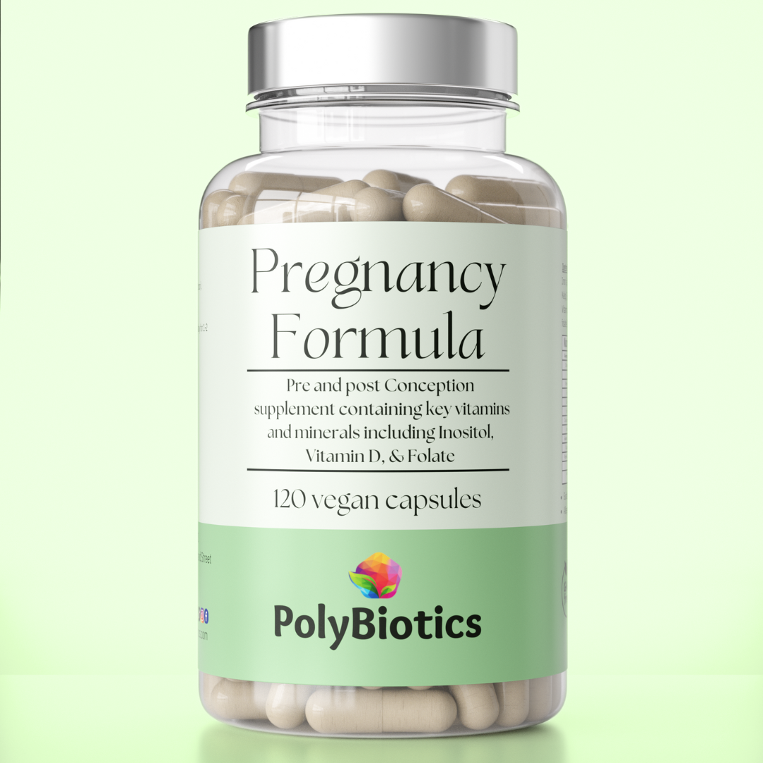 Pregnancy formula pre and post conception supplement with inositol, vitamin D and Folate on green background
